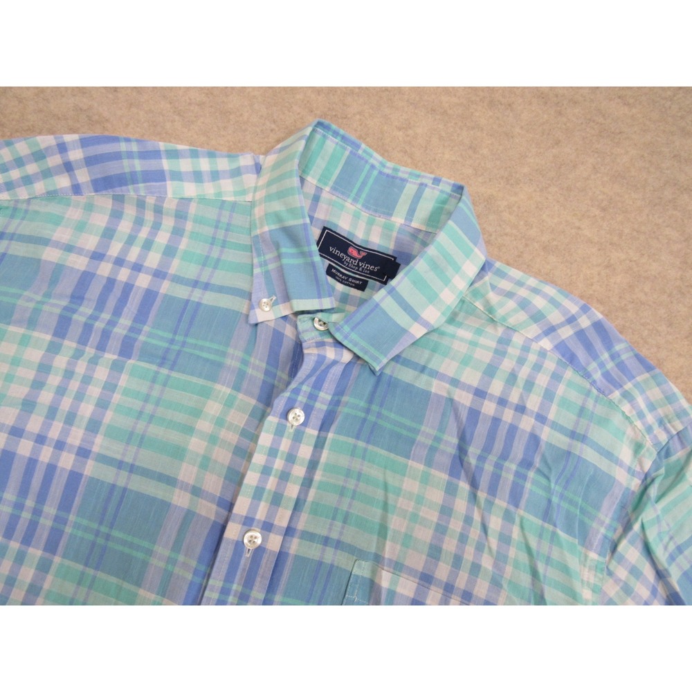 Vineyard Vines Murray Shirt Mens XL Blue Green Plaid S/S Cotton Button Up